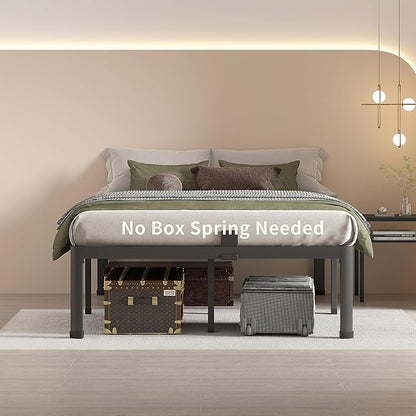 MAF 16 Inch Full Size Bed Frame with Round Corner Legs Mattress Slide Stopper No Box Spring Needed Heavy Duty Metal Platform Bed Frames Under-Bed Storage Space, 3000 LBS Steel Slats Support