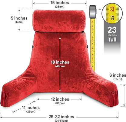 Husband Pillow Medium Red, Backrest for Kids, Teens, Petite Adults - Reading Pillows with Arms, Adjustable Loft, Plush Memory Foam, Bed Rest Chair for Sitting Up, Detach Neck Roll, Removable Cover