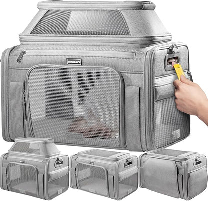 Top-Expandable Pet Carrier with Treat Pet Window,18x13x9.5 Airline Approved | for Southwest Frontier,Soft-Sided Dog Carrier, Anti-Scratch Mesh, Lockable Zippers,Cat Carrier for Kitten,Rabbit,Puppy, Grey