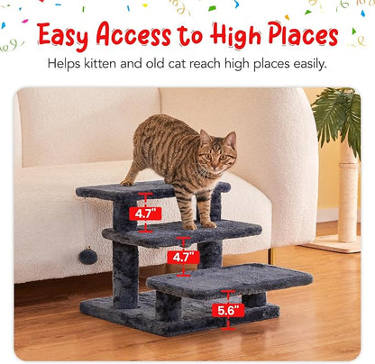 15''H Multi-Step Pet Stairs for High Beds & Sofas, 3-Step Cat Stairs with 2 Toy Balls, Wide Boards for Indoor Kittens Dogs Pets Climbing, Smoky Grey