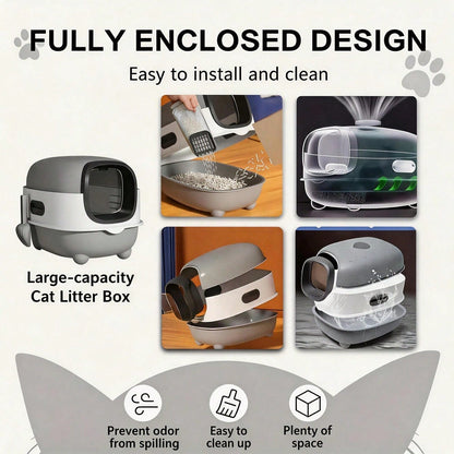 Fully Enclosed Cat Litter Box With UV Sterilization Odor Control, Large 56cm Space For Big Cats, Easy Clean 180 Flip Top, Detachable Anti Tracking Design With Litter Scoop