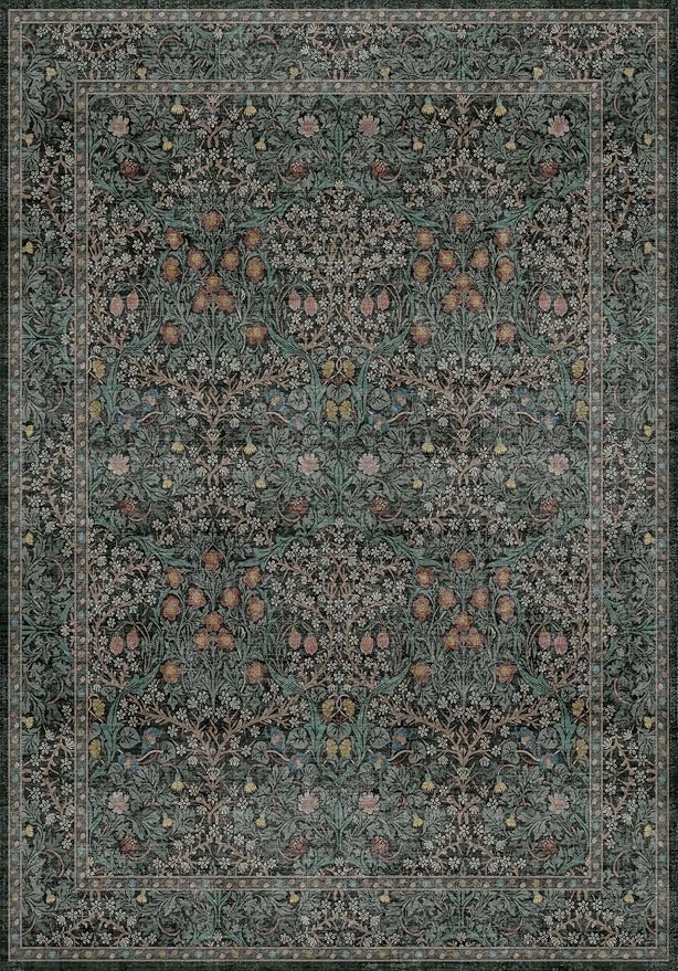 Vintage Dark Green Living Room Rug, 7x10 Washable Area Rugs for Dining Room Under Table, Bedroom, Oriental Low Pile Stain Resistant Non-Slip Thin Soft Carpet
