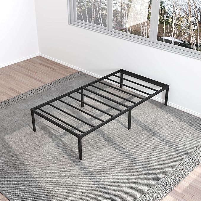Heavy Duty Narrow Twin Bed Frame No Box Spring Needed, 14 Inch Metal Platform Narrow Twin Bed Easy Assembly, Noise Free, 30x75 Inch, Black