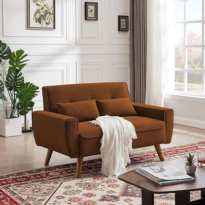 48" Loveseat Sofa, 2 Seater Love Seat Mid Century Modern Small Couches for Living Room Bedroom Apartment, 2 Throw Pillows and Plastic Legs, Orange