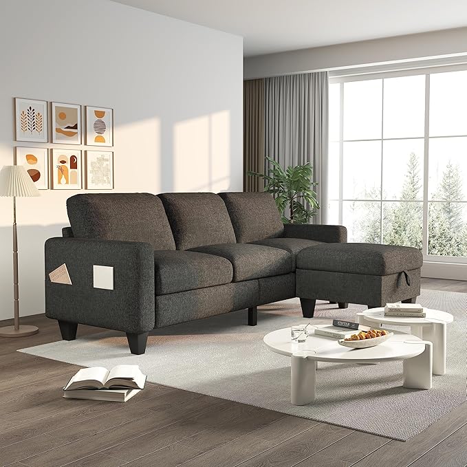 ZeeFu Couch for Living Room - 78'' Beige Linen 3 Seat L-Shaped Sectional Sofa Couches with Storage Ottoman - Modern Small Space Upholstered Furniture Sofa Set for Office Small Space Apartment Bedroom