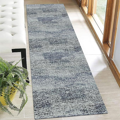 RUGSURE Washable Area Rug - 1/6 Thick - Stain & Water Resistant Non-Slip - Resistant Rug for Living Room, Bedroom, Nursery, Pet & Child Friendly, Vintage Charm Area Rugs (Grey+LightTeal, 2'6'' x 8')