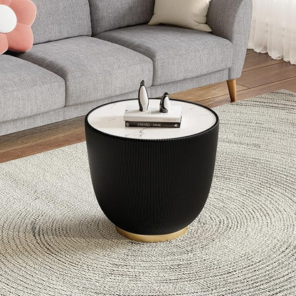 Black Round Coffee Table with Sintered Stone Tabletop, 19.69 Drum Coffee Table with Fluted PU Leather Covered and Metal Base, Circle Cocktail Tea Table for Living Room