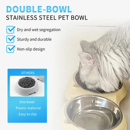 Anti Slip Base Double Cat Food Bowl, Gray Stainless Steel Food And Water Bowl, Easy To Clean And Detachable Design, Cat And Dog Pet Feeder