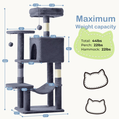 44 Inch Cat Tree Tower, Multi-Cat Climbing Tower With, Natural Sisal Scratching Posts, Extended Platform, Hammock