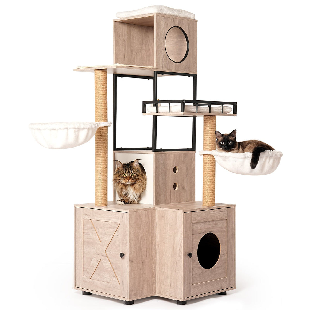 63" Multi-Functional Cat Tree with Litter Box - Includes Removable Washable Cushion, Scratching Posts & Toy Hanger, Modern Design, Rustic Gray
