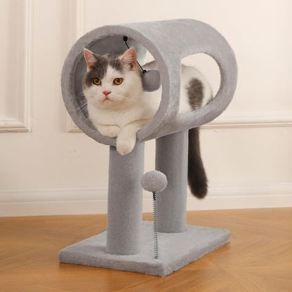 Gray Indoor Cat Tree With Hanging Ball 20.5Cat Tree With Tunnel Bed And Scratching Post Cat Tower