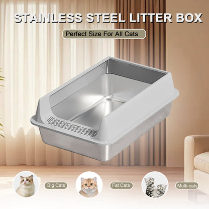 Oversized Stainless Steel Litter Box, Semi-enclosed Splash-proof And Leak-proof Design, Removable Lid, Suitable For Big Cats, And More