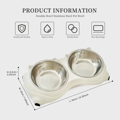 Anti Slip Base Double Cat Food Bowl, White Stainless Steel Food And Water Bowl, Easy To Clean And Detachable Design, Cat And Dog Pet Feeder