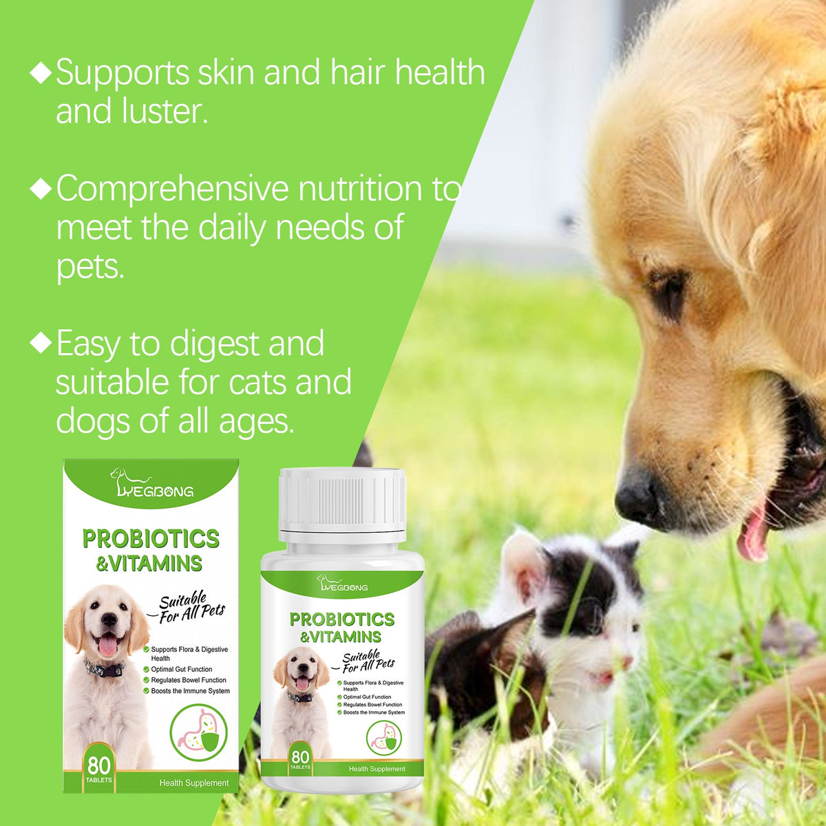 Pet Probiotics & Vitamin Tablets For Dogs & Cats, Gut Health Supplement, Support Digestion & Immune System, 80 Chewable Tablets
