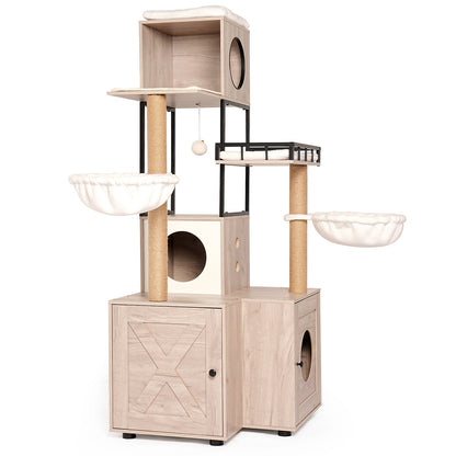 63" Multi-Functional Cat Tree with Litter Box - Includes Removable Washable Cushion, Scratching Posts & Toy Hanger, Modern Design, Rustic Gray