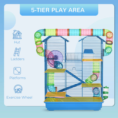 18.5" 5 Tier Hamster Cage with Tubes and Tunnels, Small Animal Cage, Rat Gerbil Cage with Water Bottle, Food Dish, Exercise Wheel, Blue